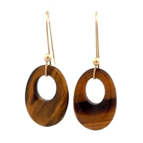Estate 14k Yellow Gold Oval Carved Tiger's Eye Doorknocker Dangle Hook Earrings
